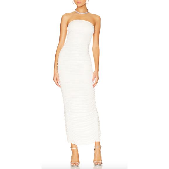 Revolve Metallic White Ruched Strapless Maxi Dress XS Shimmer More to Come $94 - Picture 1 of 9